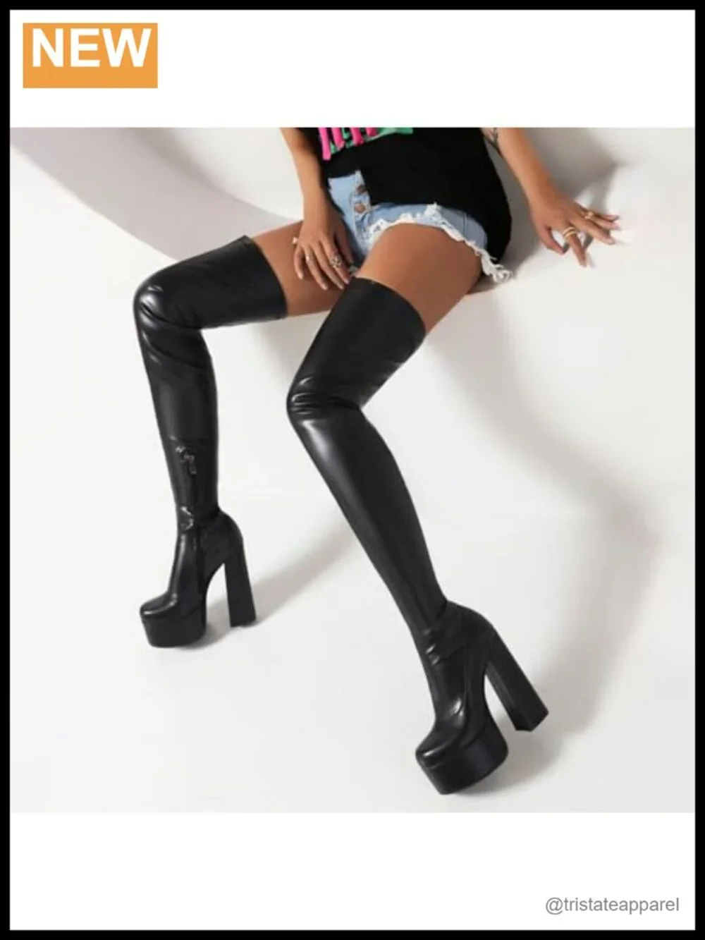 Over-the-Knee Thigh High Block Heel Boots Faux Leather 14cm